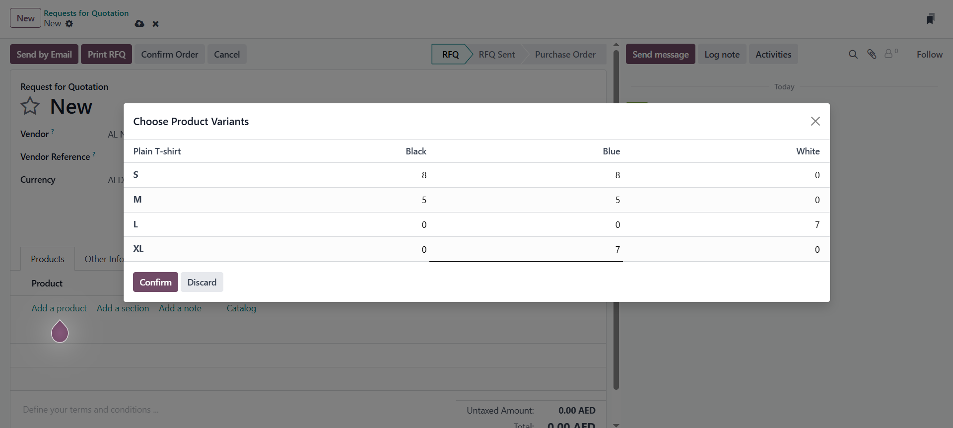 odoo purchase in avariant grid